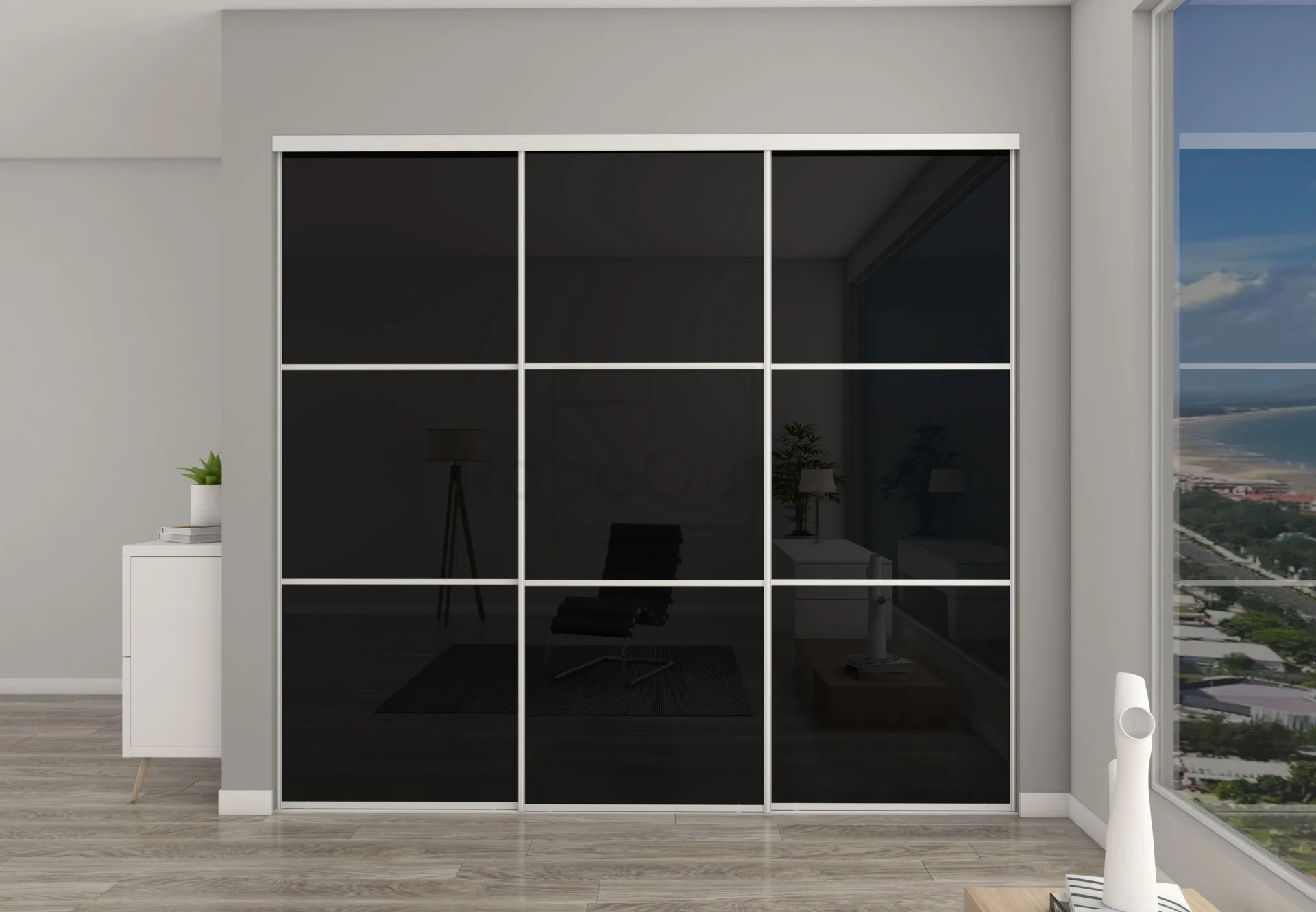Black Glass sliding wardrobe doors with horizontal aluminium strips