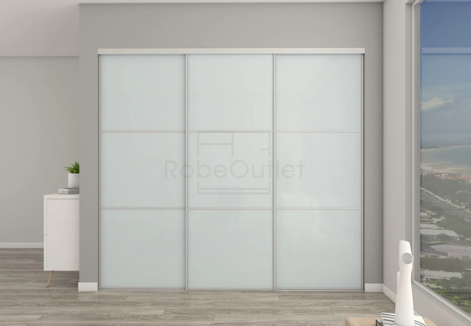 Greenish White Glass sliding wardrobe doors with horizontal strips