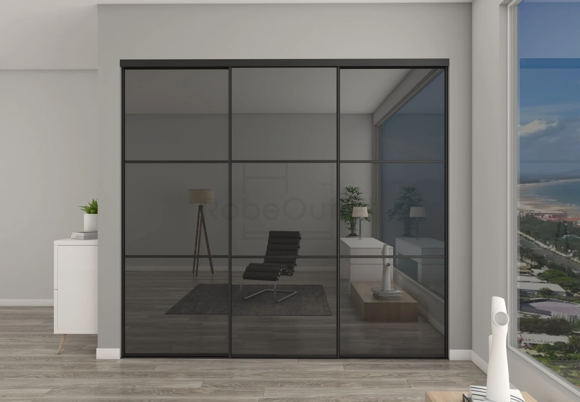 Grey Mirror sliding wardrobe doors with horizontal strips