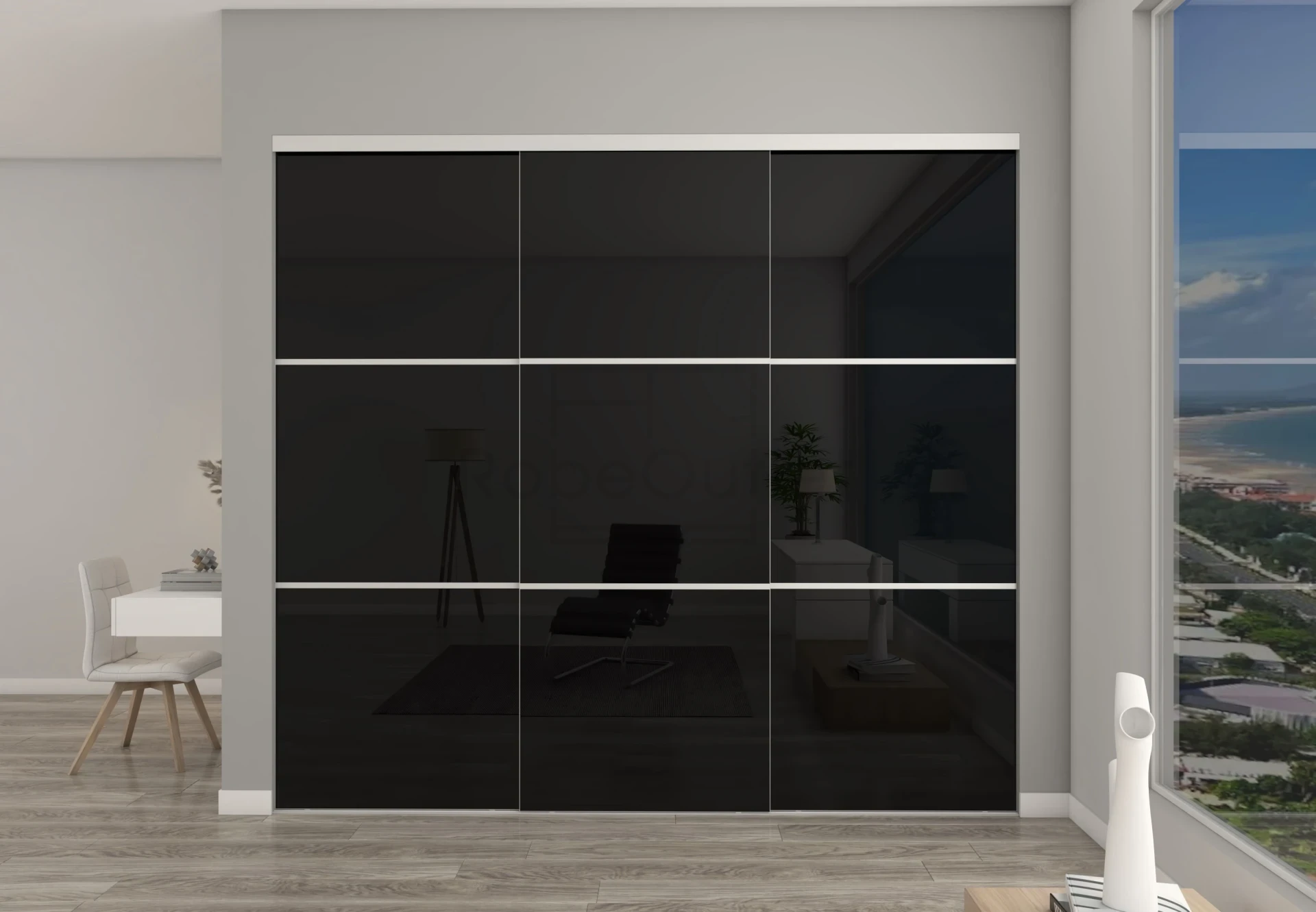Frameless Black Glass sliding wardrobe doors with horizontal strips