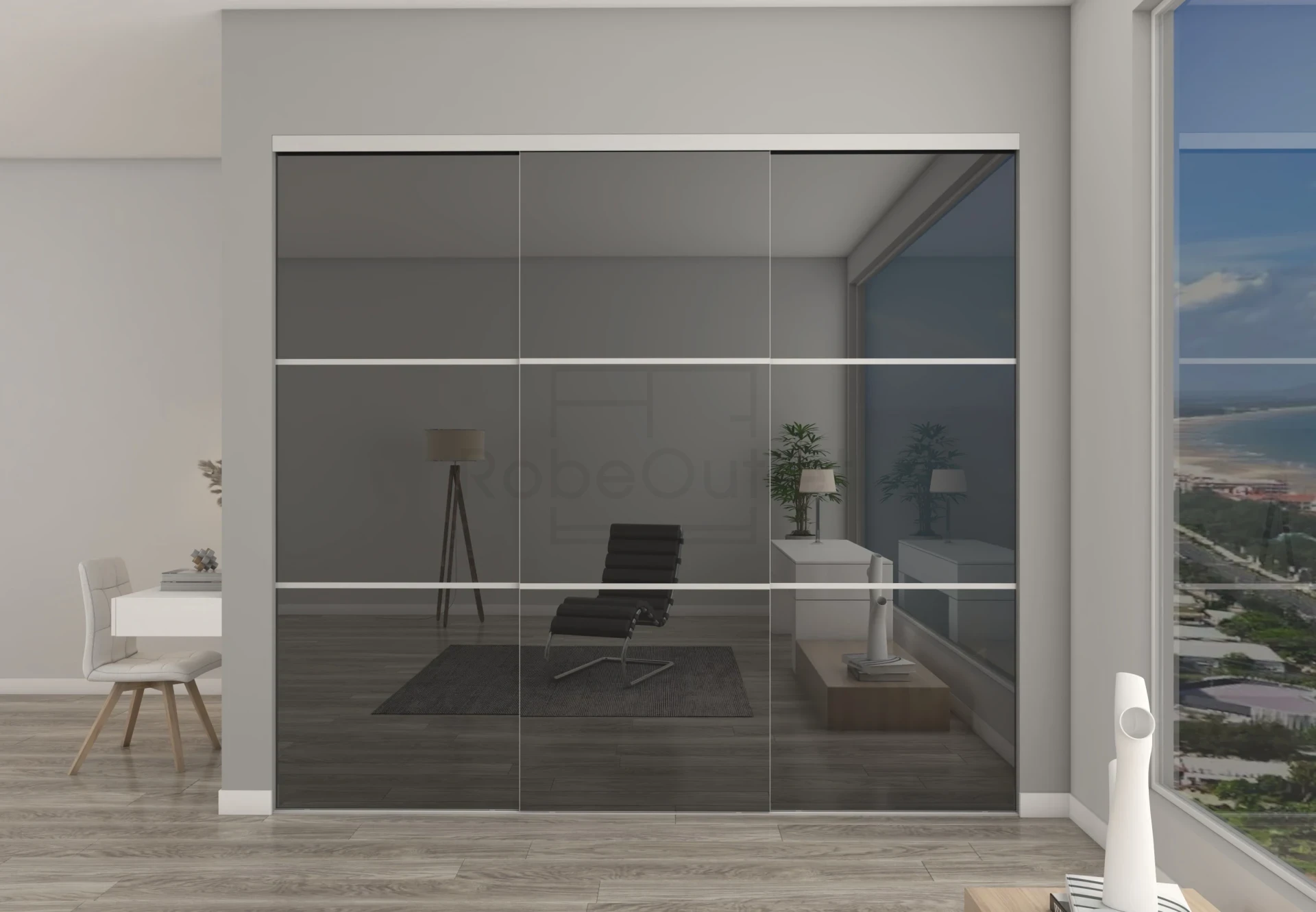 Frameless Grey Mirror sliding wardrobe doors with horizontal strips