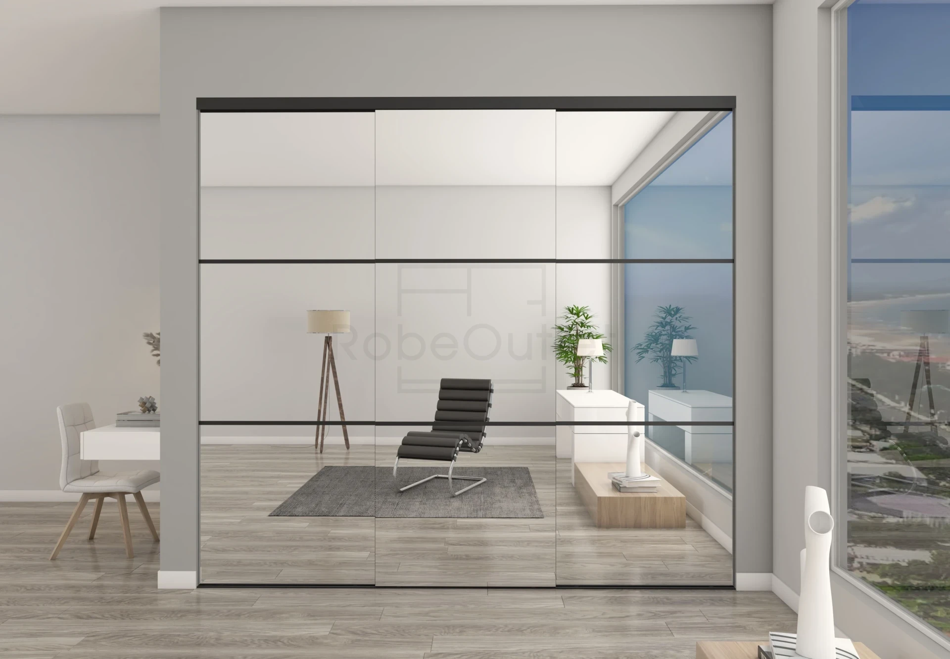 Frameless Mirror sliding wardrobe doors with horizontal strips